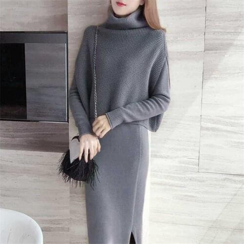 Women 2019 New Autumn Winter Suit Oversize Knitted Pullover Sweaters Tops And Tricot Bodycon Split Dress Two Piece Set K252