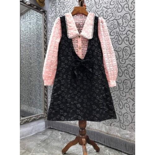High Quality Womens Set 2021 Autumn Dress Suit Ladies Turn-down Collar Long Sleeve Pink Shirts+Vintage Print Black Vest Dress