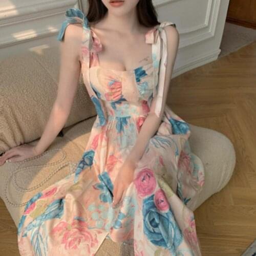 Women Dress Strap Floral Summer Oil Painting Design Sling Mid-length Dress for Daily Wear vestidos dresses for women 2021