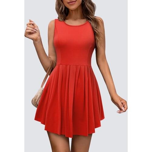Women Sexy Casual Pure Color Round Neck Sleeveless Slim Fitted Above Knee Mini Dress 1H774