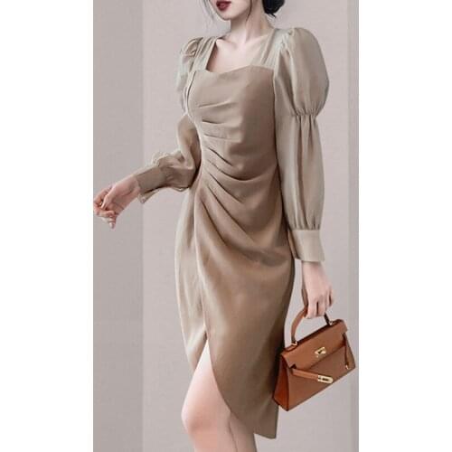 2021 New Womens Spring Dresses Robe Square Collar High Waist Elegant Puff Sleeve Korean Style Chic Dress Vestidos