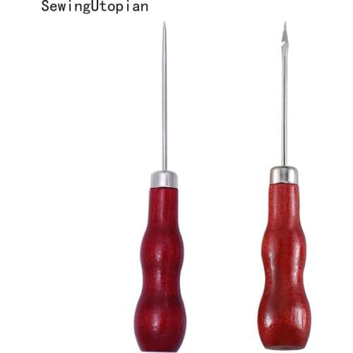 2PCS Leather Sewing Awl Wood Handle Drillable Awl Pin Punching Hole Maker Stitching Overstitch Sewing Awl Kit