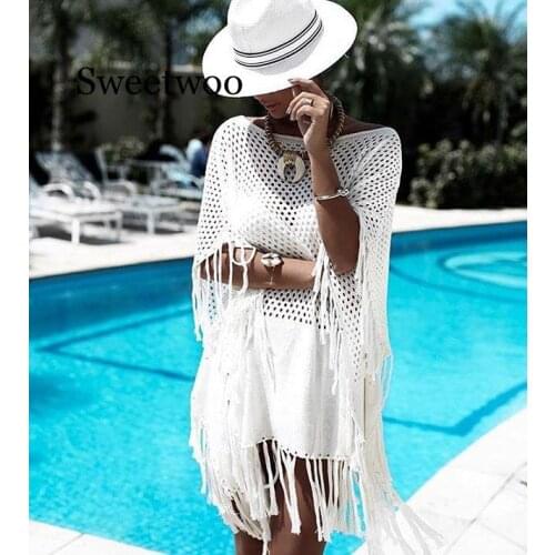 2020 Hollow Out Tassels Bikini Cover Ups Plus Size Summer Women Beach Dress Tunic Crochet Knitted Swimsuit Cover Up Beach Wear