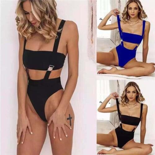 2020 New High Waist Siamese Swimsuit Solid Color Sexy Strap buckle Integrated Bikini Swimsuit Ladies Tube Top Push Up Bikini Set