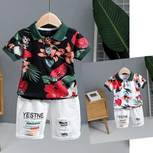 2021 2pcs Summer Baby Boy Children Causal Flower Printing Suit Tops + Short Boys Clothes Kids Clothes sets 2-7