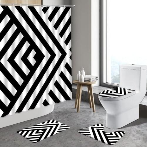 4pcs Geometric Shower Curtain Black White Stripes Modern Simple Lattice Anti-Slip Bath Mat Toilet Lid Cover Bathroom Carpet Rug
