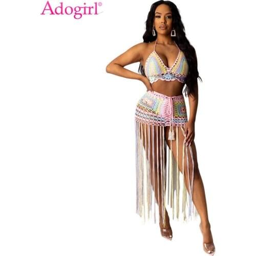 Adogirl Hand Crochet Colorful Summer Beach Two Piece Set Dress Fashion Transparent Cover Up Halter Bra Top Tassel Maxi Skirt