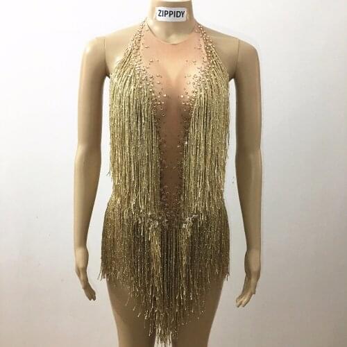 Sparkly Gold Tassel Rhinestones Glisten Beads Bodysuit Bar Dj Singer Dancer One-Piece Outfit Costume Stage Performance Leotard