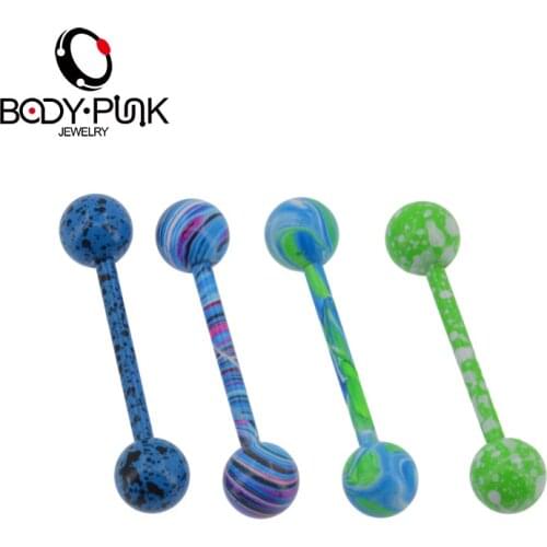 BODY PUNK 14 Gauges 4pcs Blue Splatter And Green Swirl Tongue Piercing Septum Industrial Barbell Flesh Tunnels Body Jewelry