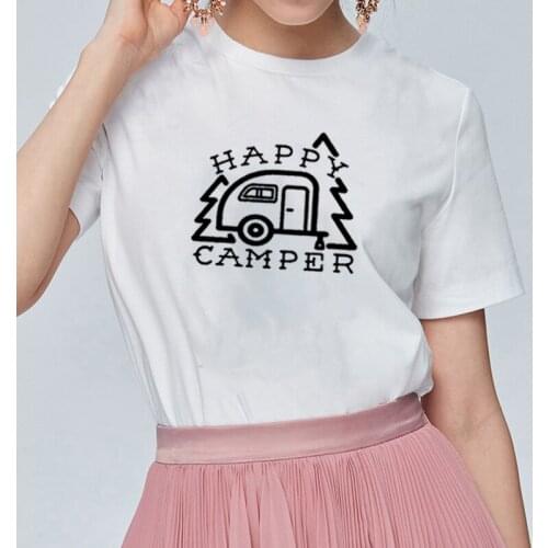 Happy Camper Printed Short Sleeve T-shirt Women Summer Short Sleeve O-neck Cotton Tshirt Women Casual Loose Tee Shirt Femme