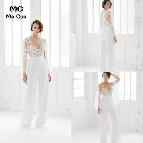 Illusion Jumpsuits Wedding Dresses With Cape Flowers Appliques Long Sleeves Wedding Dress Plus Size Beach Robes De Marié