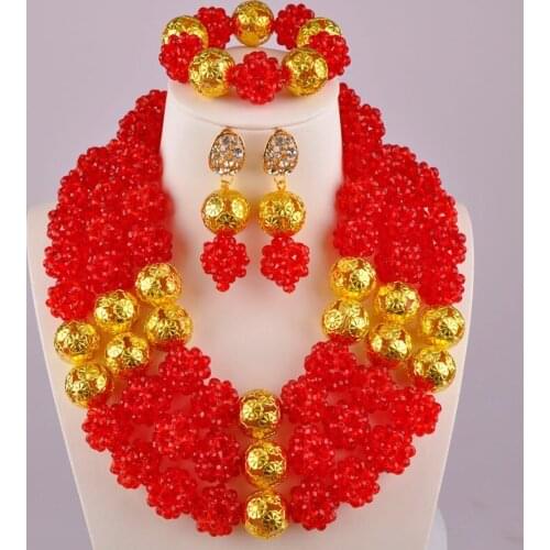 Red African Necklace Jewelry Set Nigerian Beads Crystal Wedding Jewelry Sets