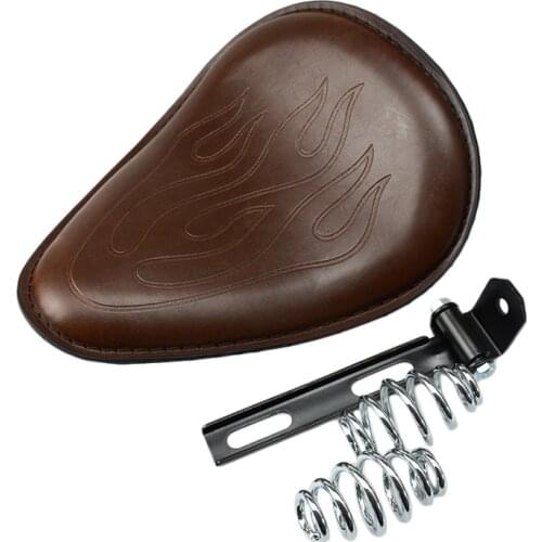 Brown Motor Flame Motorcycle Leather 3" Spring Bracket Solo Driver Seat Fit For Harley Chopper Bobber Honda Suzuki Sportster