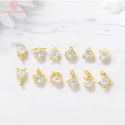 4PCS 10x13MM 24K Gold Color Plated Brass with Zircon Twelve Constellations Charms Pendants High Quality Diy Jewelry Accessories