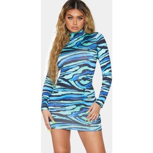 Summer New Womens Wear Blue Camouflage High Collar Long-Sleeved Casual Tight Short Dress