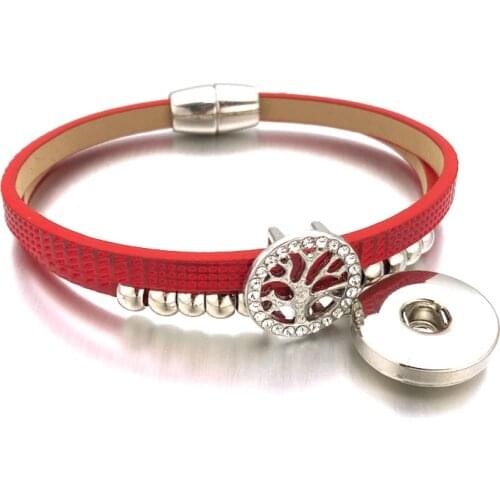 Hot Magnet Tree Of Life 324 Crystal Pu Leather 18mm Snap Button Charm Bracelet Bangle Jewelry For Women Teenagers Gift