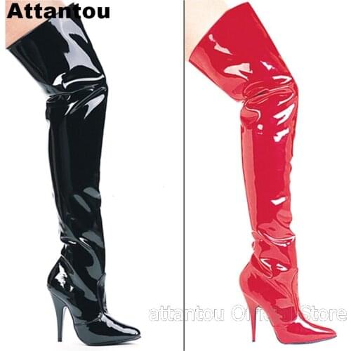 Fashion Pointed Toe Black Red Patent Leather Woman Over The Knee Pole Dance Model Show Boots Club Evening Party Female Shoes