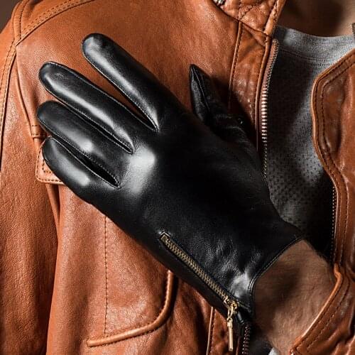 High Quality Mens Fashion Casual Winter Warm Genuine Leather Gloves Touch Screen Mittens Black Plus Velvet Warm Driving Gloves