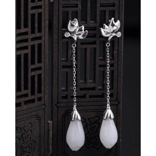 Natural Khotan Jade New 925 Sterling Silver Inlaid Face Earrings Chinese Retro Creative Irregular Shaped Womens Brand Jewelry