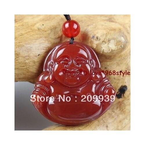 Free shipping 001179 Superb Hand Carved Natural Red fine stone Buddha Lucky Amulet Pendant Necklace