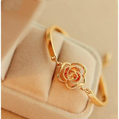 Hollow Rose Flower Shiny Crystal Metallic Golden Silver Plated Bracelets & Bangles for Women Adjustable Short Chain