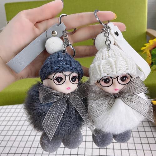 Pompom Big Eye Baby Keychain Cute Fluffy Plush Doll Keychains Women Girl Bags Keyrings Cars Key Ring Gift Charming Decoration