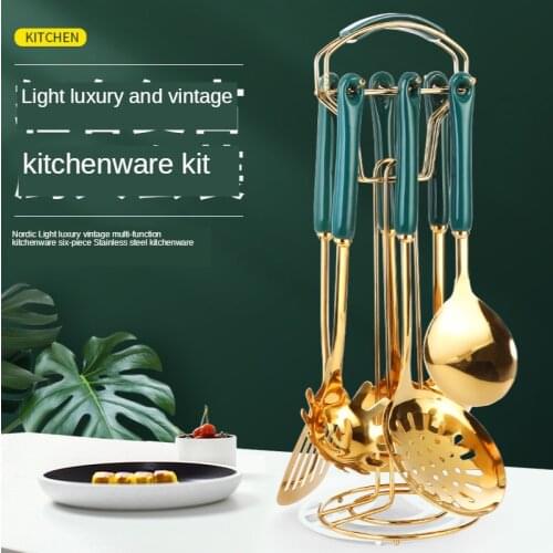 Nordic light luxury stainless steel cooking utensils set scoop shovel jade ceramic kitchen utensils cooking pots set cooking