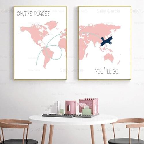 Modern Map Nordic Poster Canvas Painting Route Pink Wallpaper Art Craft Print Picture for Home Living Room Decoration
