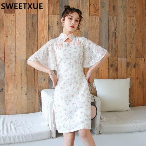SWEETXUE 2021 French Retro Temperament Embroidered Jacquard Chiffon Cheongsam Girl Dress Summer Kawaii Dresses Vestido Mujer