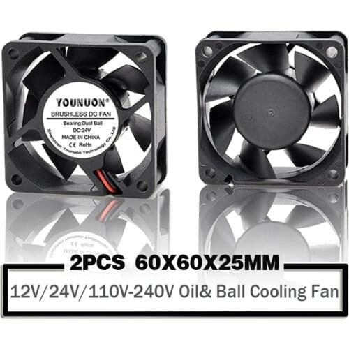 2 Pieces 6025 Cooling Fan DC 12V 24V 60mm 60X60X25mm Brushless Sleeve& Ball Server Inverter Pc Cpu Case Cooling Fan AC 110V-240V
