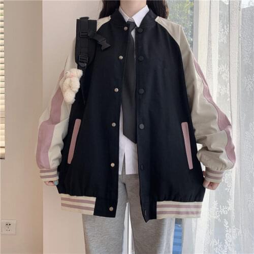 Vintage color matching jacket winter womens casual loose Korean hip-hop goods outerwear streetwear Harajuku button cardigan