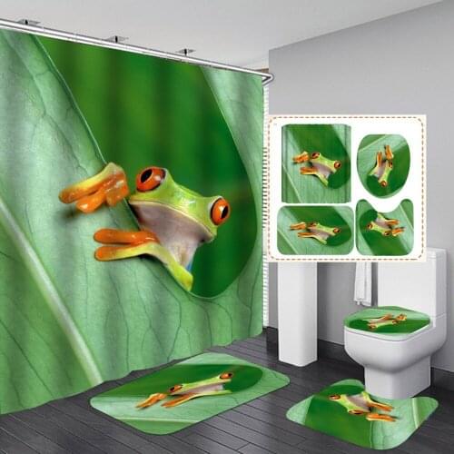 Frog Lovely Print Waterproof Shower Curtain 4 Pieces Toilet Lid Cover Anti-slip Soft Rugs Bath Mat Bathroom Home Decoration