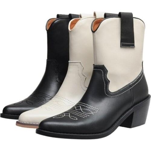 High Quality Women Chelsea Boots Mid Heels Martin Boots Lady Platform Booties Embroidered Pointed Toe Feminine Mid Calf Boots