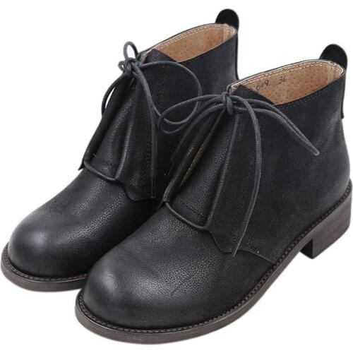 Autumn Winter Genuine Leather Boots For women Flat Platform Round Toe Black Ankle Boots Thick Heel Slip On Ladies Shoes