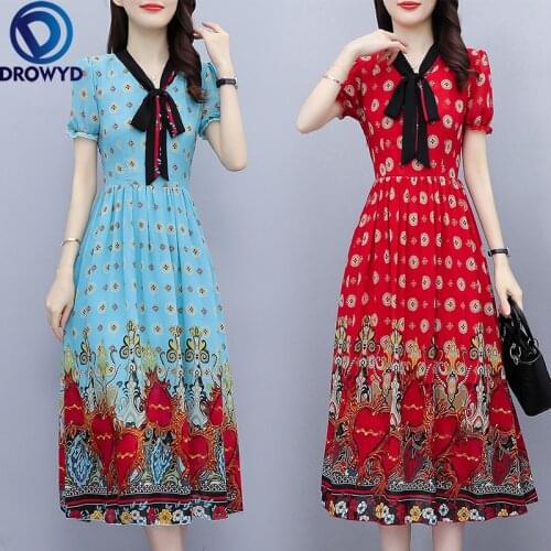 Retro Chic Vestidos Women Floral Print Bow-Knot Tie Beach Bohemian Maxi Dress 2021 Summer Ladies Sexy Elegant V-Neck Party Dress