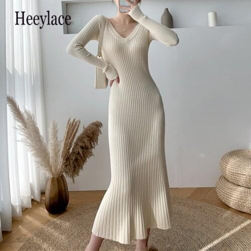 2021 New Autumn Winter Knitted Dresses Elegant Solid Color High Waist Long Sleeve Womens A-line Long Sweater Dress Lady