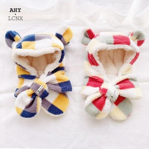 Lamb Wool Winter Baby Hat Scarf 2 In 1 Ear Hats Kids Beanie For Girl Boy Hats Scarf With Cute Headset Pattern Warm Scarf Caps