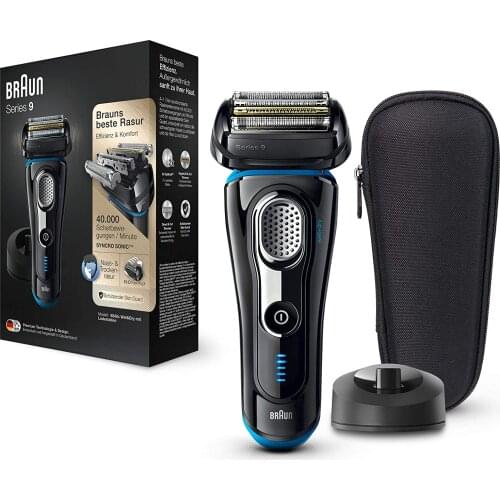 Braun Series 9 Wet & Dry Mens Electric Shaver, Charging Station & Travel Case, Black/Anodised Blue, 9242s