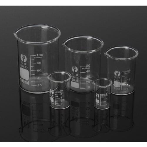 5Pcs Glass Beaker Set 5/10/25/50/100ml Borosilicate Glass Laboratory Measuring Cup Glassware School Study Lab Educational Supply