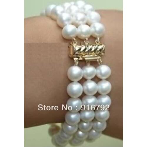 Free P&P >>>>> 7.5" 3 row 8-9MM AAA+ SOUTH SEA GENUINE WHITE PEARL BRACELET jewelry/20