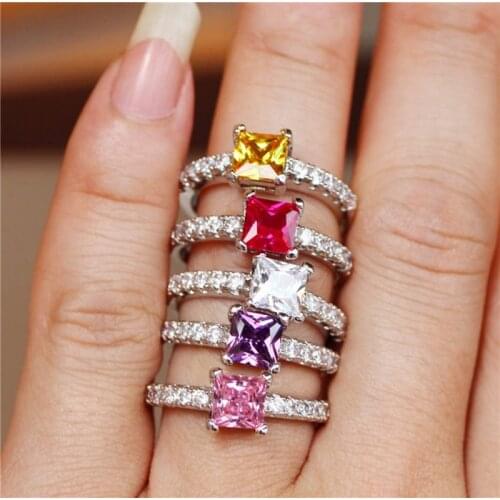 Pure 925 Silver Rings For Women Wedding Band 6mm Square Zirconia Finger Ring Bridal Engagement Jewelry Accessories Gifts Bijoux