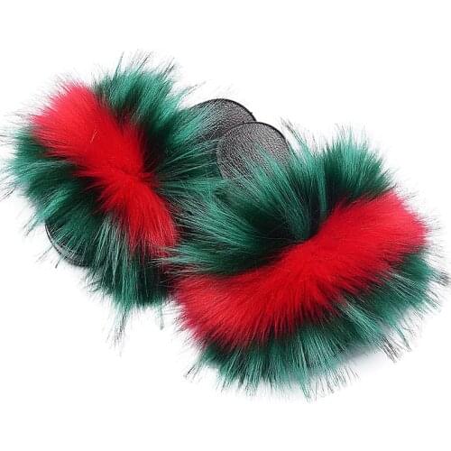 Hot Childrens Fur Slippers Faux Raccoon Slippers Kids Fur Fluffy Slides Flip Flops New Plush House Slippers 2021 Baby Shoes