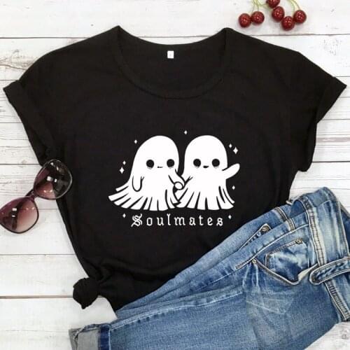 Soulmates 100%Cotton T-shirt Cute Ghost Couple Gift Tshirt Aesthetic Women Halloween Goth Top Tee Shirt