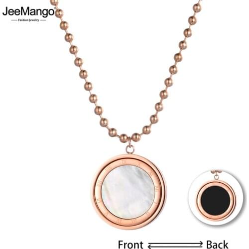 JeeMango Jewelry Universal Rotation Double Sided Black And White Shell Necklace Rose Gold Color Beaded Chain JN18253