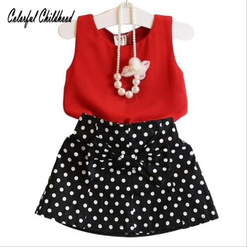 Summer Casual Kids Girls Clothes 3pcs Set Sleeveless Solid Top+Polka Dot Skirt+Necklace Outfits Toddler Girl boutique Clothes