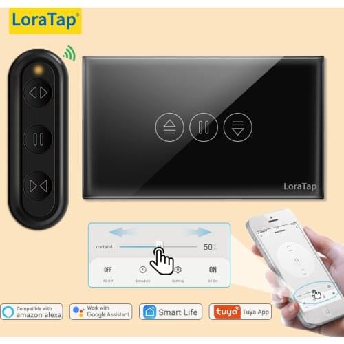 LoraTap Tuya Smart RF WiFi Curtain Switch for Electric motorized Blind Roller Shutter Google Home Alexa Echo Voice Control Black