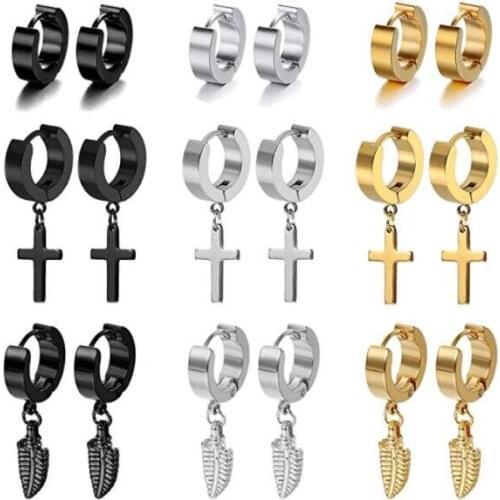Fashion Feather Silver Color Gold Black Stainless Steel Feather Cross Round Charm Small Huggie Earrings Jewelry For Men Women