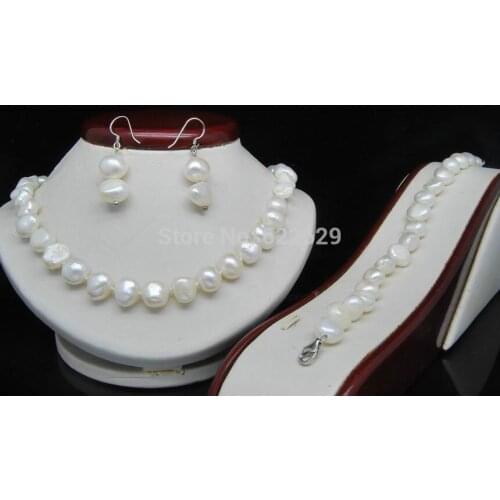 Mujer Natural Shape 9-10mm White Baroque Pearl Necklace*Bracelet*Earring wholesale Bridal Wedding word shipping Fine moda