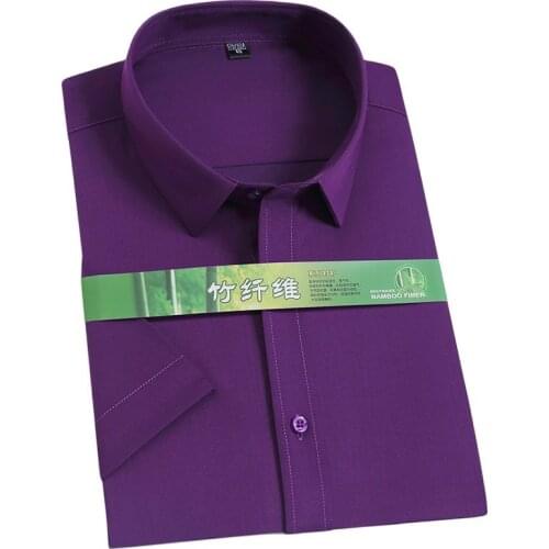 Short Sleeve Bamboo fiber Social Shirts for Male Summer Cool breathable Elastic solid plain men dress shirts Pocketless tops