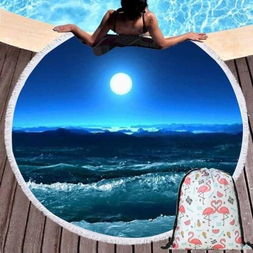Geometric Soft Summer Round Beach Towel Bath Shower Towels Yoga Mat Cover Blanket with Tassels with Drawstring Backpack Bag